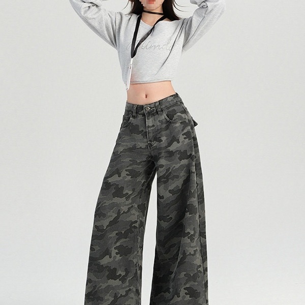 Pantalones casuales de pierna ancha de cintura alta de camuflaje retro americano para hombres y mujeres en la primavera y el verano de 2025