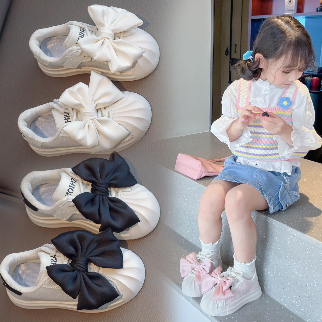 Tête de lit en toile respirante pour filles, chaussures décontractées polyvalentes avec nœud, édition coréenne, nouvelle collection printemps et automne 2024_voghion.com