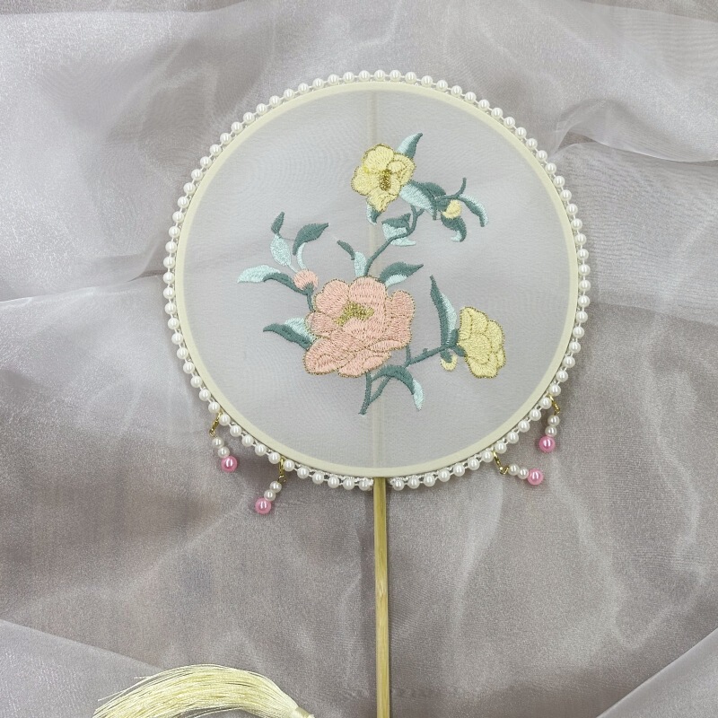 真珠手作り扇子、刺繍扇子、古風丸型扇子、民族風刺繍扇子、古典舞踊扇子|undefined