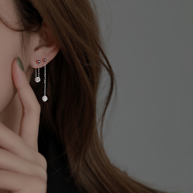 925 Sterling Silver Full Diamond Ball Tassel Earrings For Women Light Luxury Style Niche Asymmetrical Small Ball Chain Screw Earrings