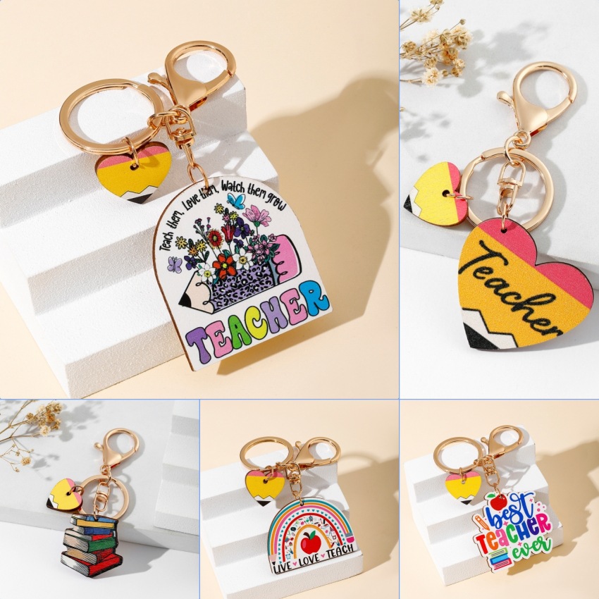 School, Graduation Occasion Modern Style Letter Heart Shape Apple Wood Teachers' Day Unisex Keychain