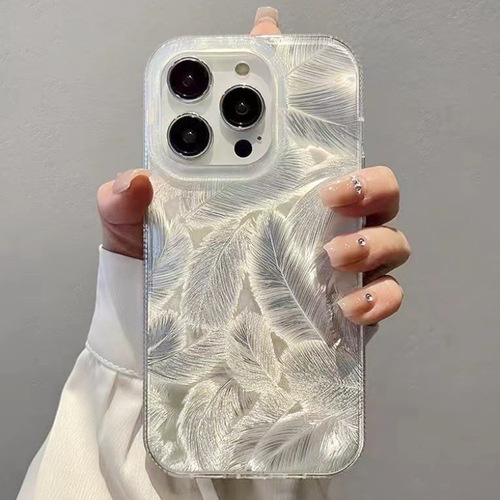 Ins-style high-end laser feather Apple iPhone 15 case with Chanel-inspired silver, suitable for 14 Pro Max Apple iPhone 13 shell