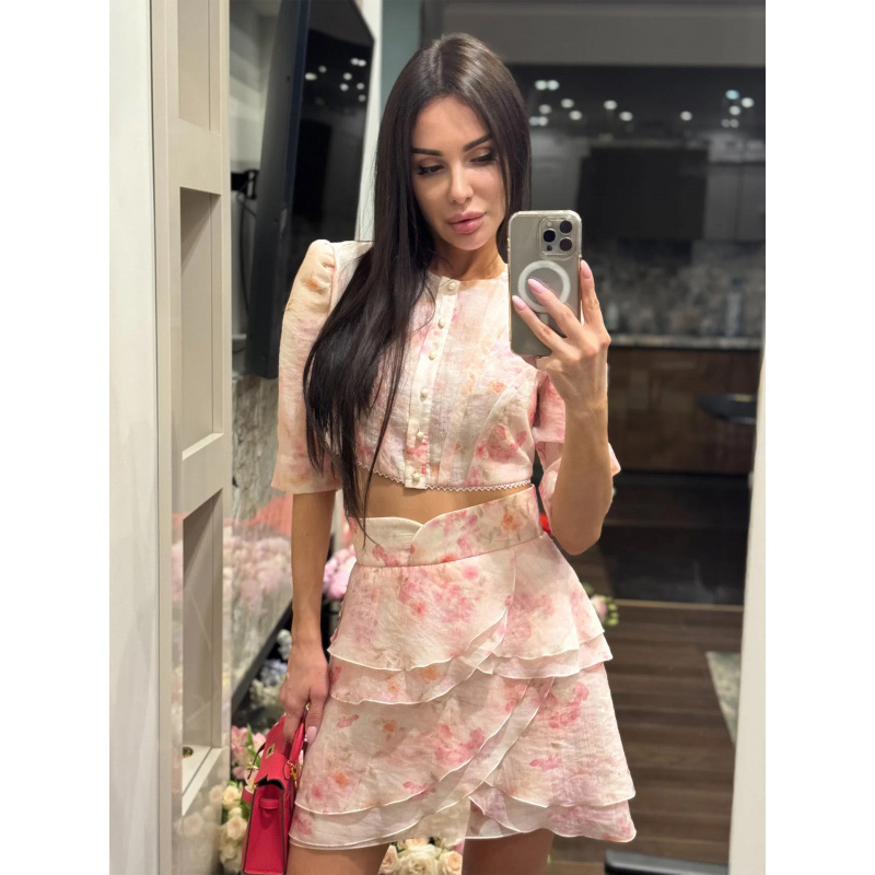 European and American French-Style Gentle Style Waist-Cinching Slimming Set with Small Floral Puff Sleeves Short Top and Tiered Skirt Two-Piece Set European and American French-Style Gentle Style Waist-Cinching Slimming Set with Small Floral Puff Sleeves Short Top and Tiered Skirt Two-Piece Set