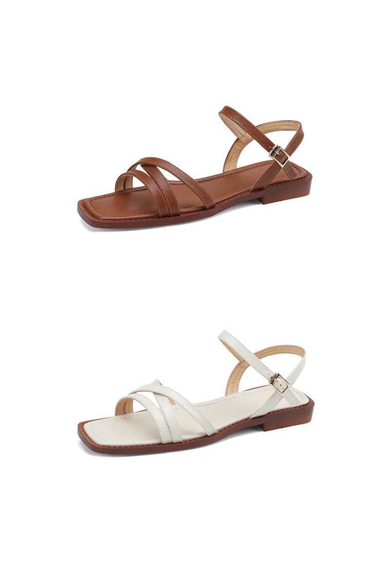Dép sandal nữ đế bệt mũi vuông hở ngón da bò một quai khóa ngang — Màu nâu chi tiết 15