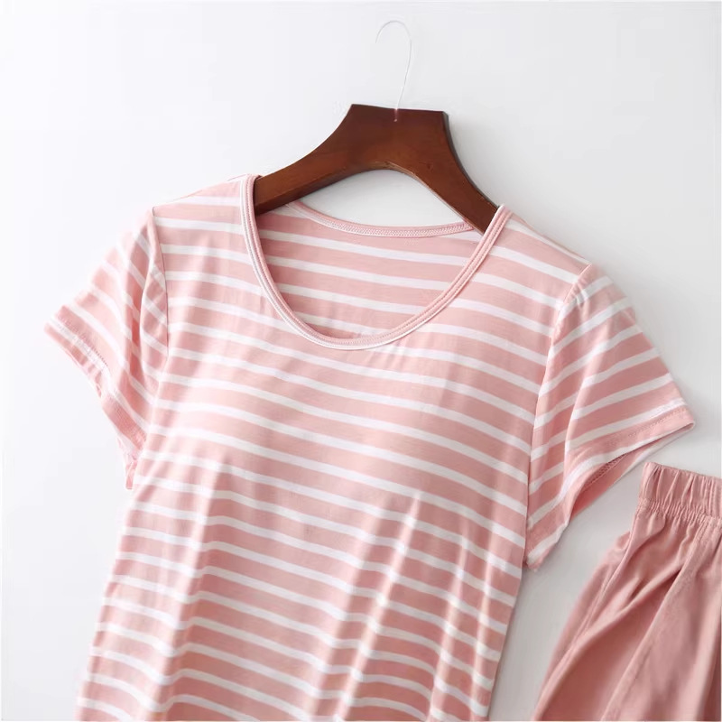Base Pajamas with Chest Pad Modal Rim-free Striped Short Sleeve Cup One-piece Home Underwear Women's Summer