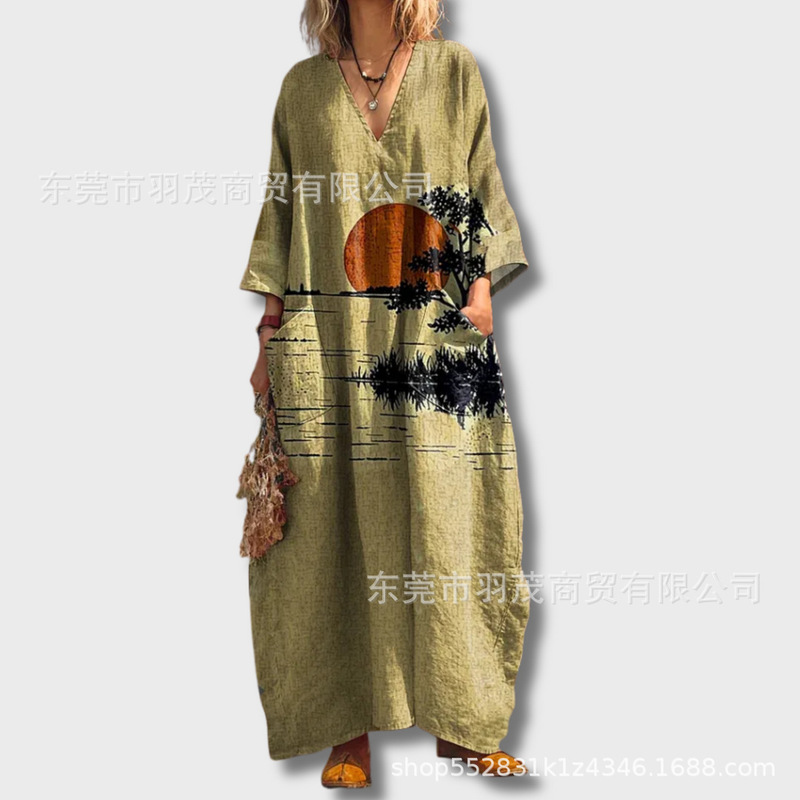 2025新款独立站女式复古花卉艺术图案印花口袋V领口袋连衣裙2|undefined