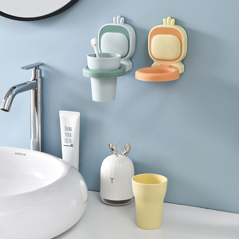 Children's Creative Toothbrush Cup Rack Oral Hygiene Cup Set Screwless Wall Mount Anti-Fall Home Toothbrush Cup Shelf