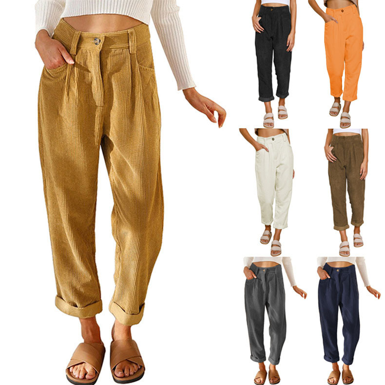 2025 Amazon Autumn New Women's High Waist Casual Pants European and American Solid Color Corduroy Loose Straight-Leg Pants Women