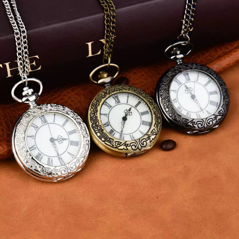 Щиток Кружева Выгравированы Прозрачные Стеклянные Карманные Часы Большой Бронзовый Карманные Часы Тонкая Цепочка
