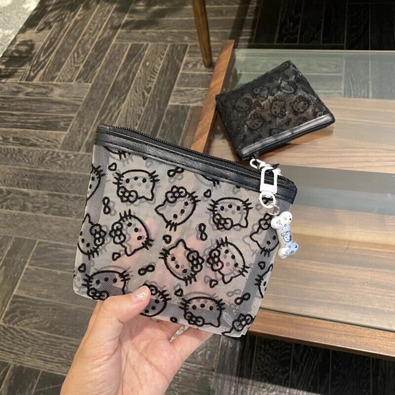 Cute Kitty Cat Mesh Makeup Bag, Transparent Hand-Held Portable Travel Storage Bag, Simple Carry-On Bag for Women