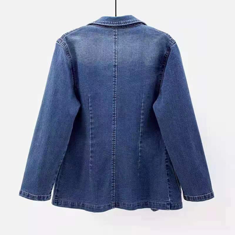 Women's Clothing Slim Fit Suit Collar Solid Color Cardigan Slim Fit Denim Blazer For Women - Single Button Open Front Jacket With Notch Lapel, Casual_mkmklike.com