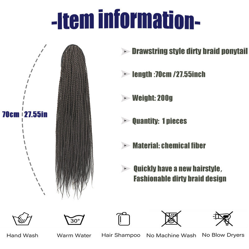 Perücke mit zwei geflochtenen Strängen und Kordelzug im Damen-Dreadlock-Pferdeschwanz-Stil_voghion.com