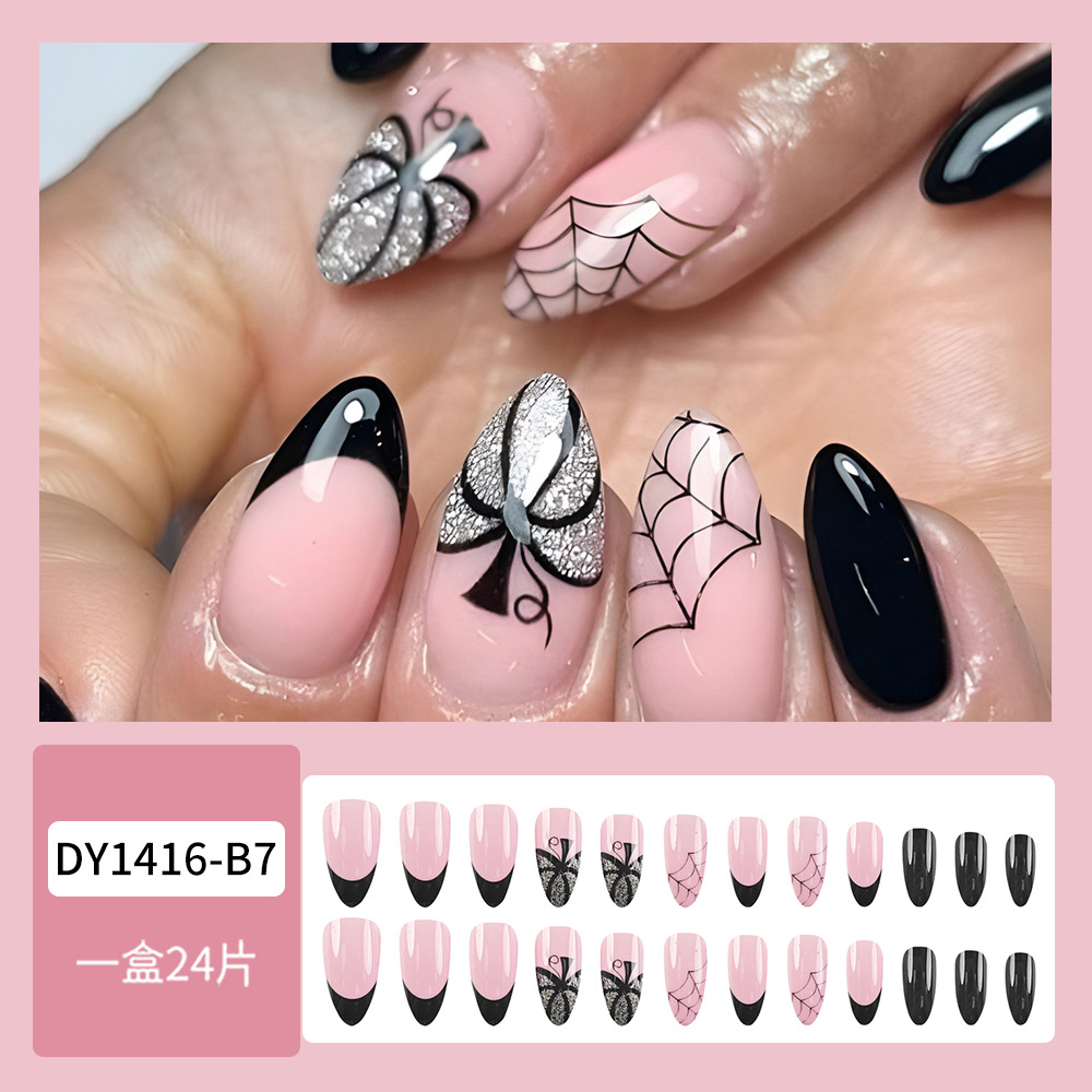 Europa y los Estados Unidos venden telarañas negras cortas de uñas polvo flash calabaza tipo gota de agua parche de uñas Halloween usar uñas image 3