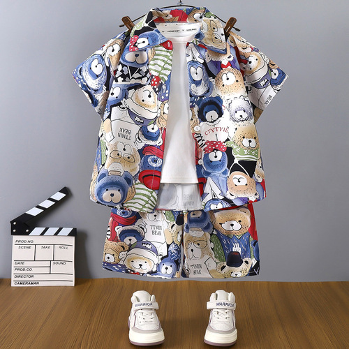 Children's Shirt Set Summer 2025 Boy's Casual Short Sleeve Shorts Hong Kong Style Clothes Summer Outfit Children's Clothing