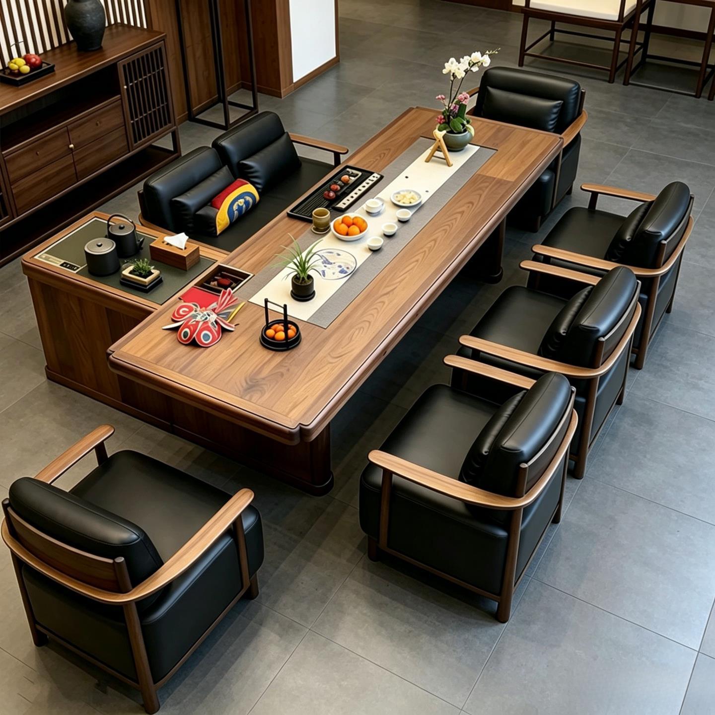 New Chinese-style solid wood tea table and chair set, Song-style aesthetics, black walnut wood tea room office multifunctional tea table for brewing tea