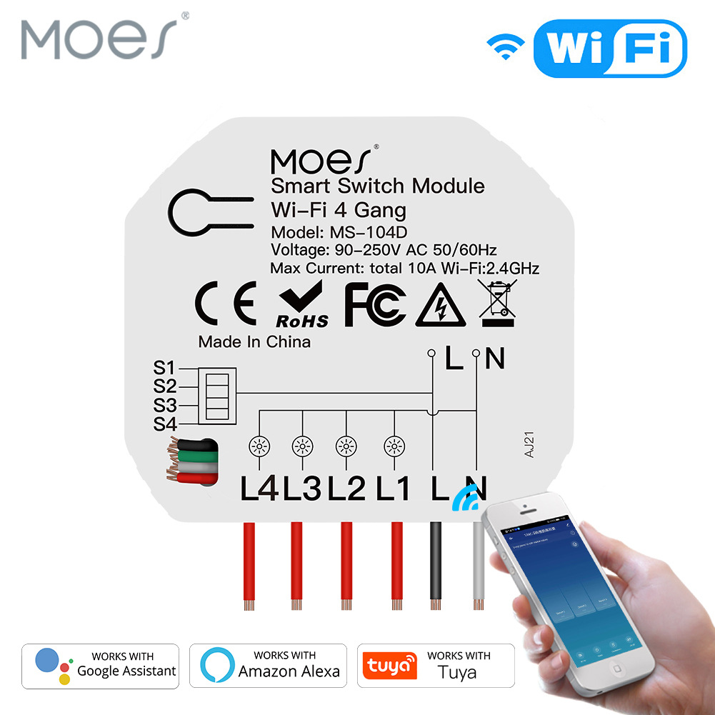 Doodle WiFi Smart Home Hidden 4-Channel Switch Module with On/Off Control, Smart App Remote Control, and Timing Switch Function