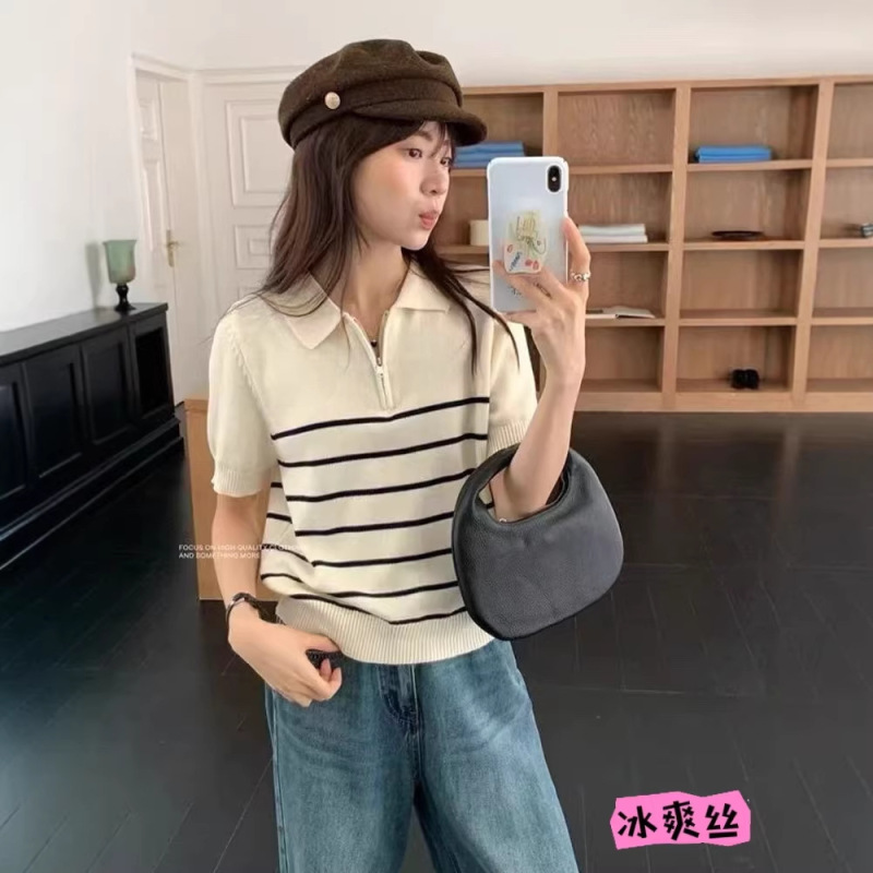 Cool Silk 2026 Summer Korean Style Versatile College Style Turn-Down Collar Zipper Half-Open Contrast Color Knitted Striped Short Trendy Top