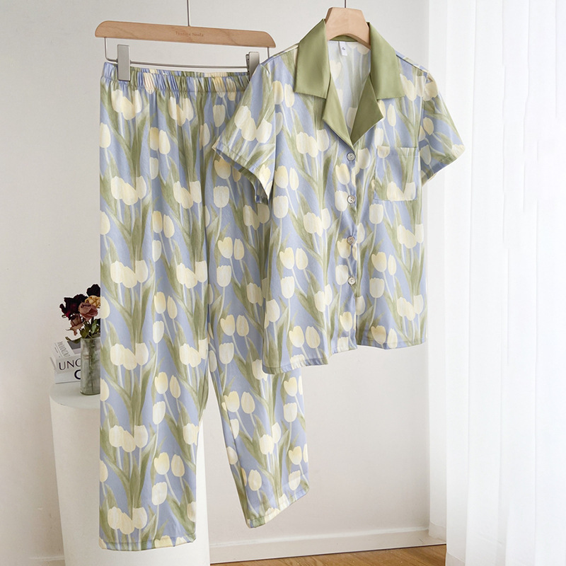 Summer New Oil Painting Tulip Print Short Sleeve Trousers Pajamas Women's Spot Herringbone Silk Women's Home Clothes