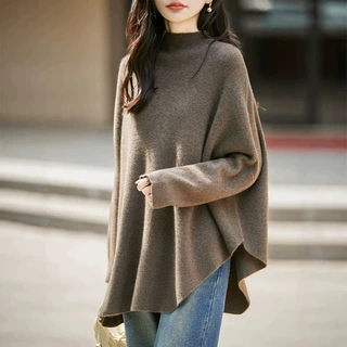 宽松慵懒风女装穿搭针织衫上衣套头半高领羊毛衫女100纯羊毛中长