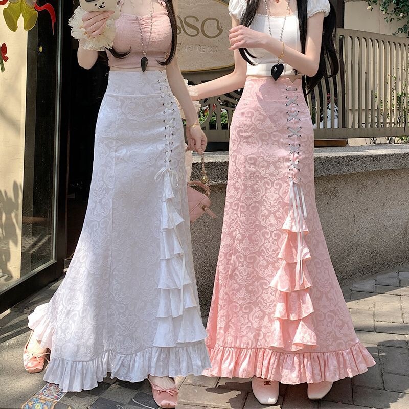 Gothic Long Skirt Victorian Court Medieval Punk Fishtail Lace-Up Waist-Cinching Printed Skirt Gothic Long Skirt Victorian Court Medieval Punk Fishtail Lace-Up Waist-Cinching Printed Skirt