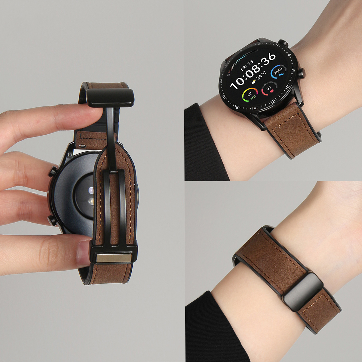 Suitable for Huawei Gt6 Watch Strap Crazy Horse Leather Silicone Magnetic Gt5/5Pro Watch Strap New Genuine Leather Gt4