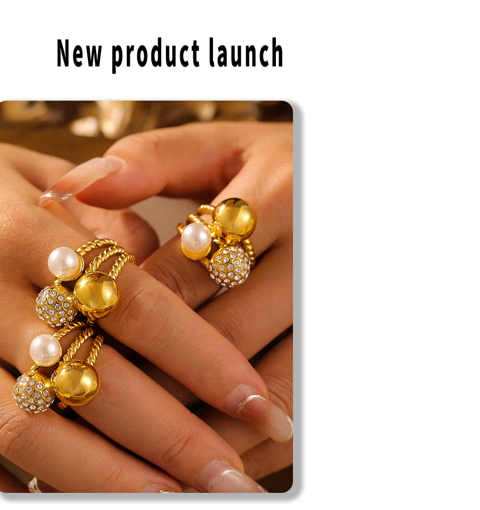 Imitation Pearl Retro Czech Diamond Round Bead Ring Titanium Steel Light Luxury Temperament Versatile Ring_voghion.com