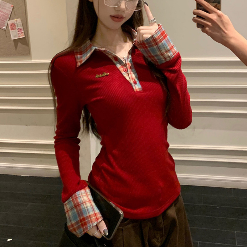 Korean-Style Plaid Lapel Patchwork Long-Sleeve T-Shirt for Women, New Autumn and Winter Christmas Outfit, Vintage Slim-Fit Base Shirt Top