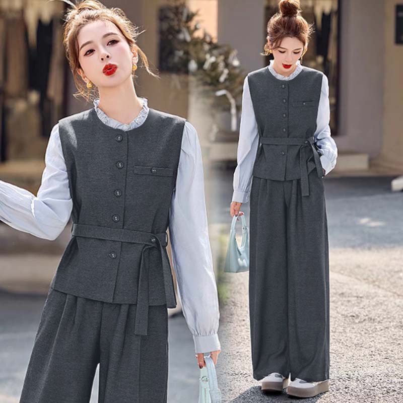 Korean Style Fashion Suit for Women, Autumn and Spring New Slim-Fit Faux Two-Piece Shirt and Wide-Leg Pants Set