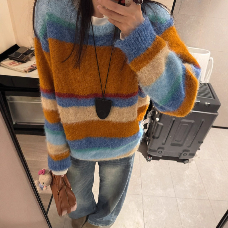 Cross-Border Lazy Fashion Colorful Striped Brushed Wool Knit Pullover Round Neck Sweater for Women Soft Rainbow Sweater