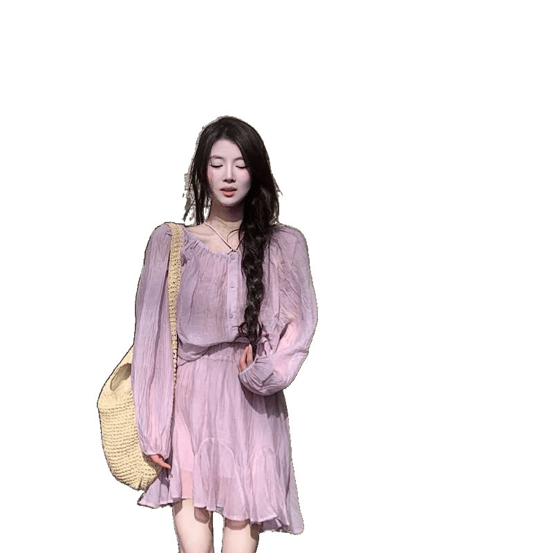 優しい甘い女の子スーツ長袖ラウンドネック紫シャツ婦人服春ハイウエストスカートツーピーススーツ|undefined