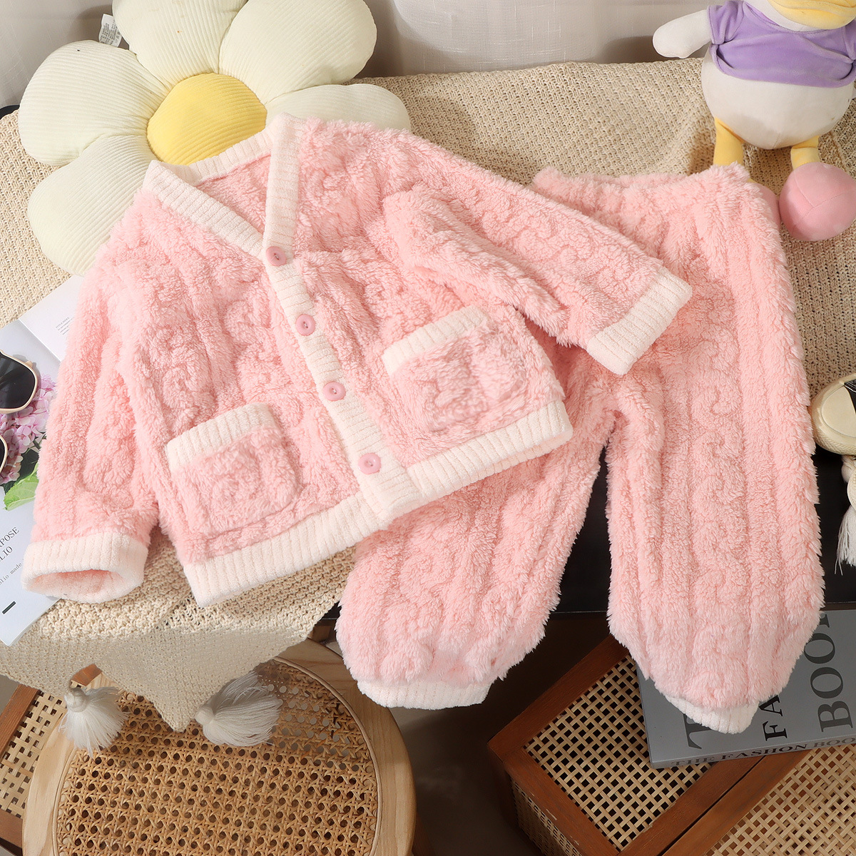 어린이 잠옷 가을과 겨울 플란넬 산호 양털 어린이 카디건 세트 소년 기모 두꺼운 한국식 홈 옷