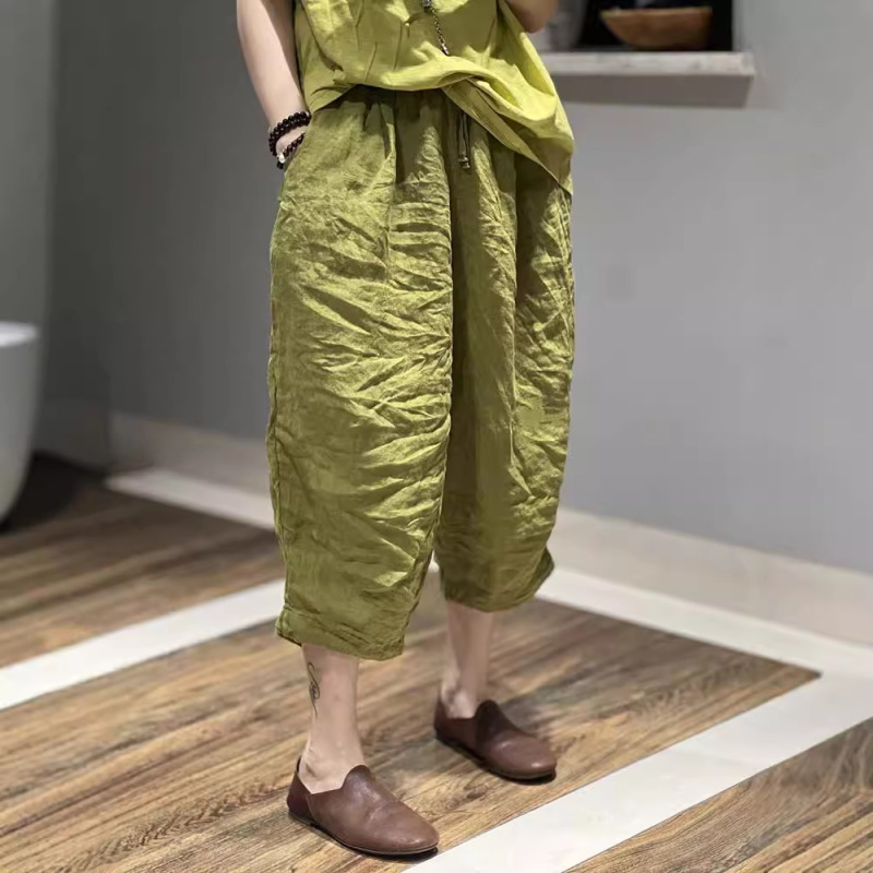 Solid Color Cotton and Linen Slimming Pocket Cropped Pants Loose Casual Versatile Plus Size Harem Pants Women's Summer New Style