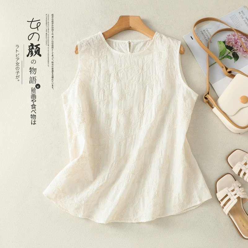 Новый китайский стиль хлопчатобумажной вышивки удобный простой маленький жилет бежевый вышитый рубашка без рукавов женский