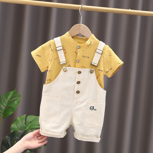 Summer Short Sleeve Ins Cute Print Smiley Overalls Set Children's Set 2020 Korean Version Fashion for Middle and Small Children