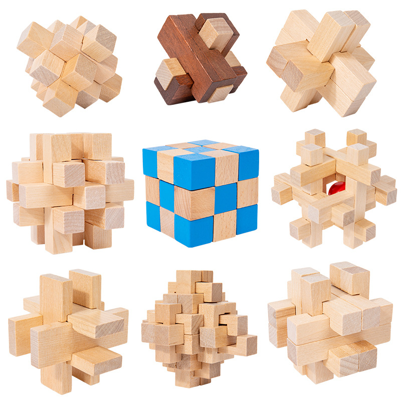 Juguete de madera Luban Lock Puzzle Adult Desbloqueo Bloques de construcción Desmontaje para personas mayores Juguete para aliviar el aburrimiento Juego de nueve piezas Kongming Lock