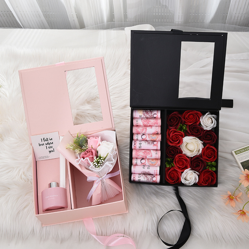 圣诞情人节香薰花束礼盒透明开窗香皂玫瑰花伴手礼品盒永生花盒子