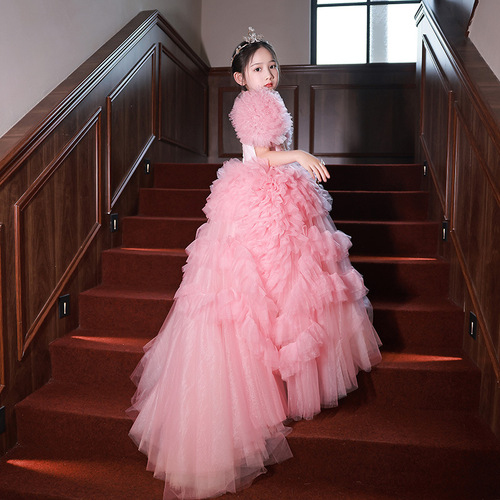 Pink Western-style children's piano performance costume with train, flower child princess dress model fashion show gown for girls, winter