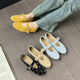 2025新款真皮圆头金属铆钉浅口平底鞋时尚百搭一字扣玛丽女鞋