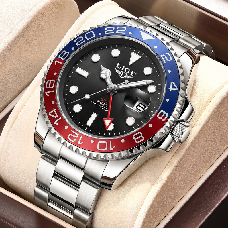 LIGE New Greenwich Coke Ring Watch for Men, Steel Band Diver Quartz Watch, Elegant Business Watch