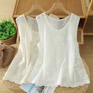 Real Shot of Summer New Casual Versatile Artistic Thin Loose Embroidered Vest Breathable Slim Shirt Top for Women