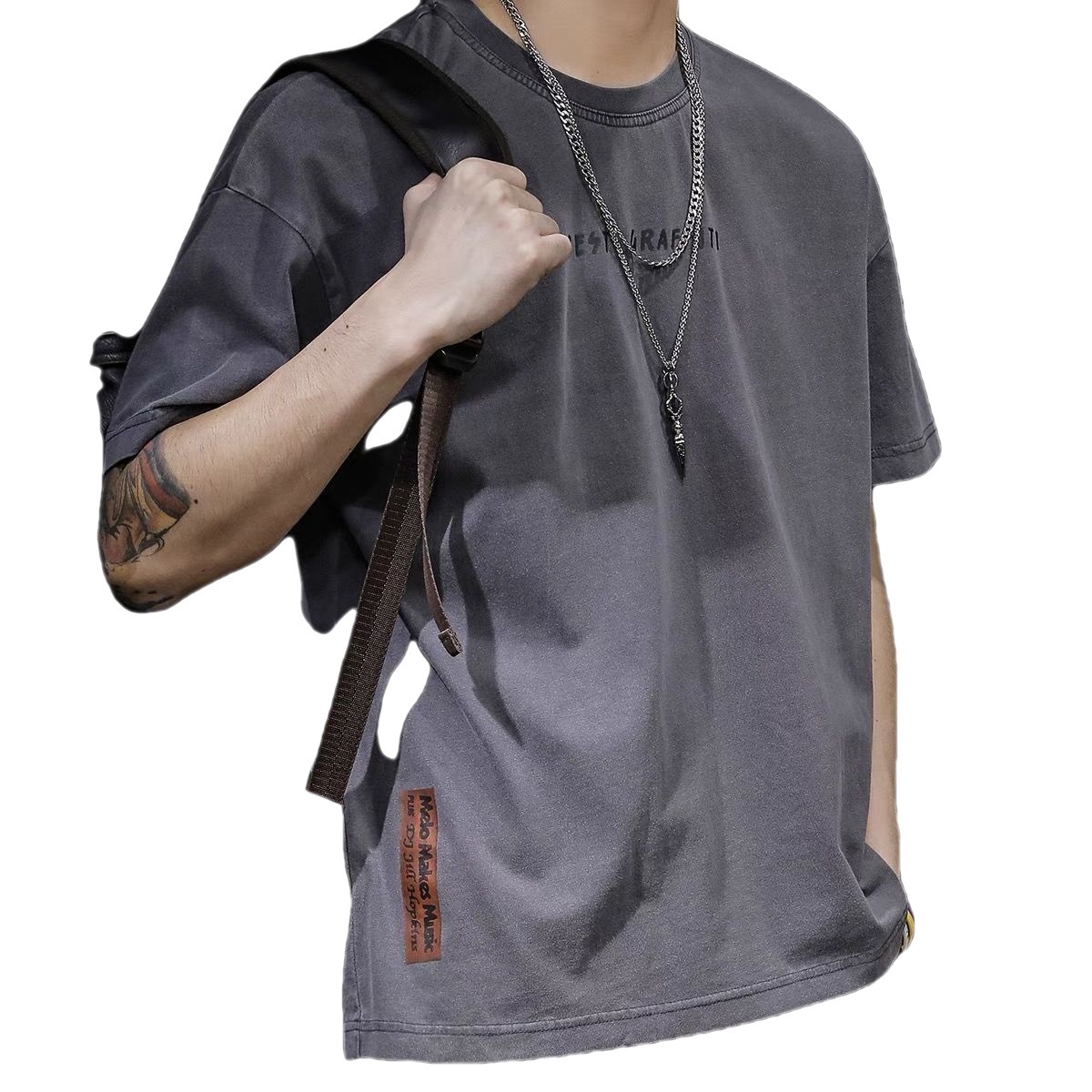 Moda americana japonesa y coreana marca de moda media manga estilo nostálgico retro manga corta camiseta de los hombres de verano suelto de negocios cuello redondo