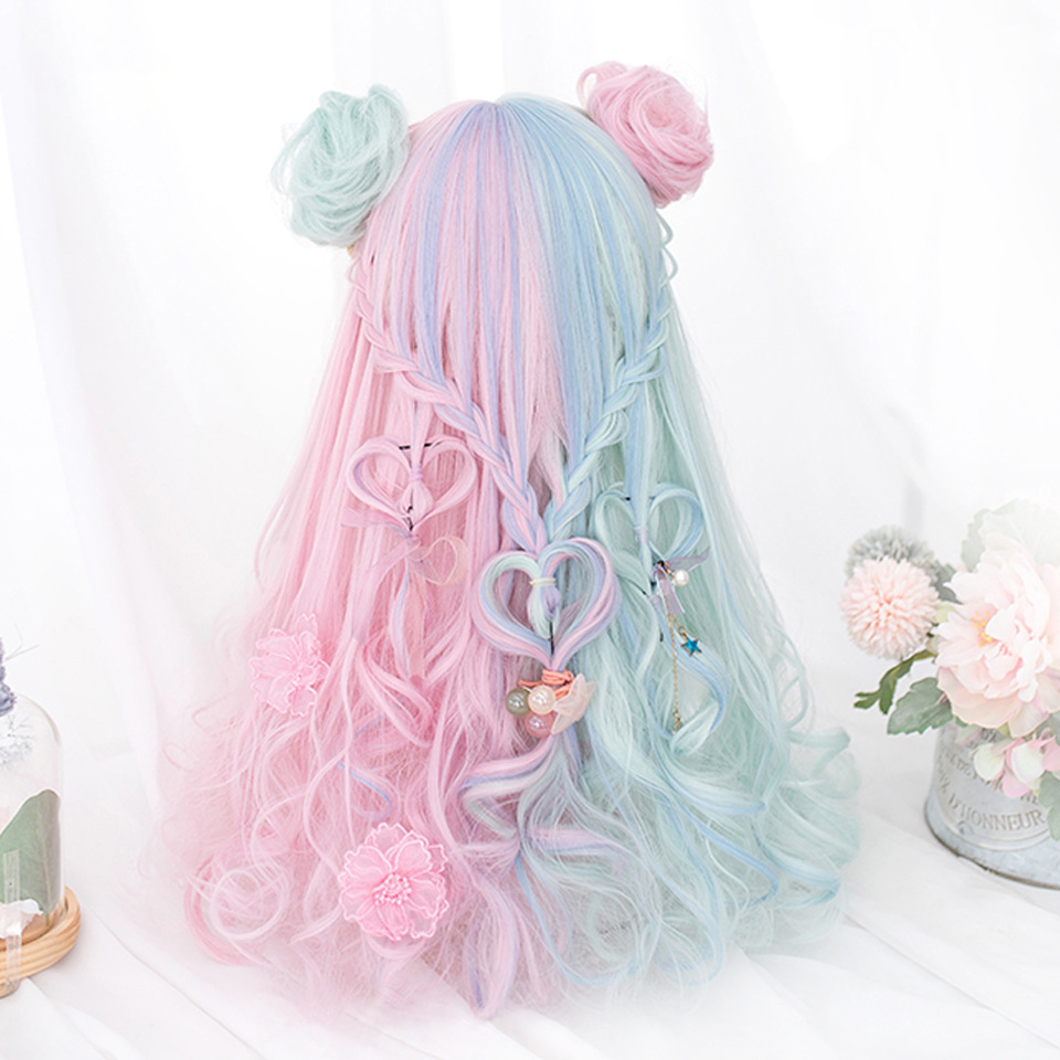 Synthetische pruik Zacht meisje Dames Kleurrijk Volledige pony cosplay Lolita Lang krullend haar_voghion.com