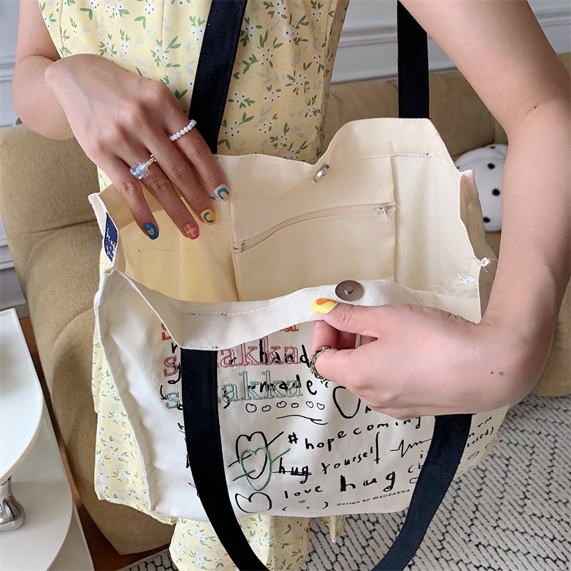 36273 Japanese and Korean canvas bag for women, versatile large-capacity embroidered and printed hand-held shoulder bag, student class bag undefined
