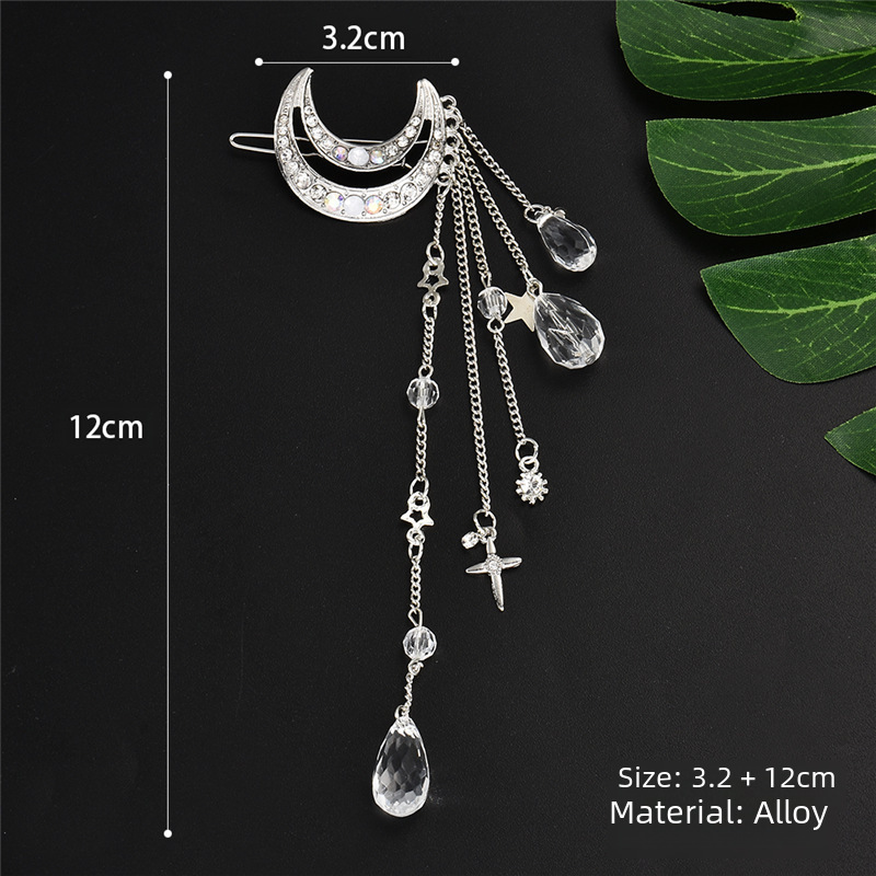 Grampo de cabelo feminino retrô unissex com franjas em forma de estrela crescente e diamante, cristal, lua, estrela, menina, grampo de cabelo lateral_voghion.com