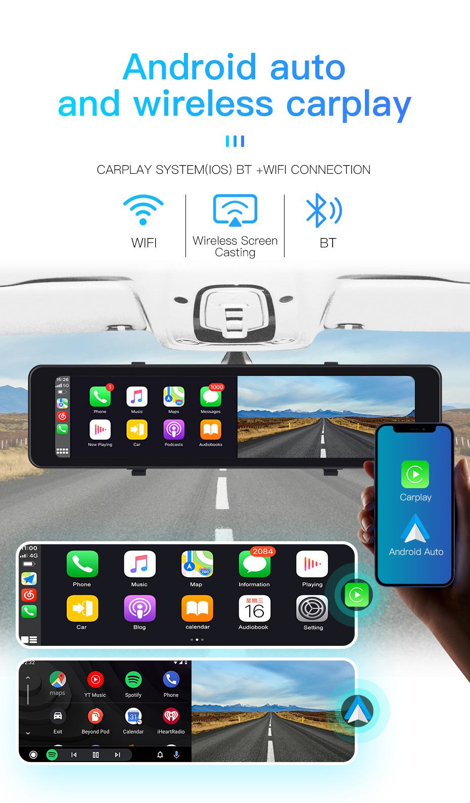 9.66inch 10.3inch 12inch Wireless Carplay Screen Mirroring 4K1080P Rearview Mirror Dual-Channel Dash Cam