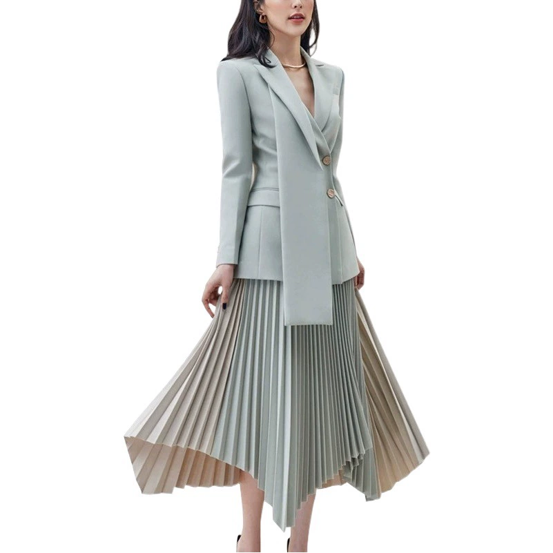 Ранняя осень серый синий двубортный пиджак нерегулярная плиссированная юбка модный костюм Темперамент Сращивание женский