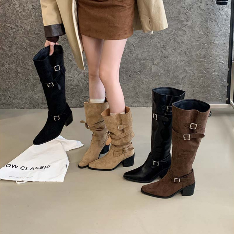 Over-The-Knee Boots for Women, Chunky Heel Long Boots, 2025 Autumn and Winter Thigh-High Boots, French High-Heeled Ruched Slouch Boots