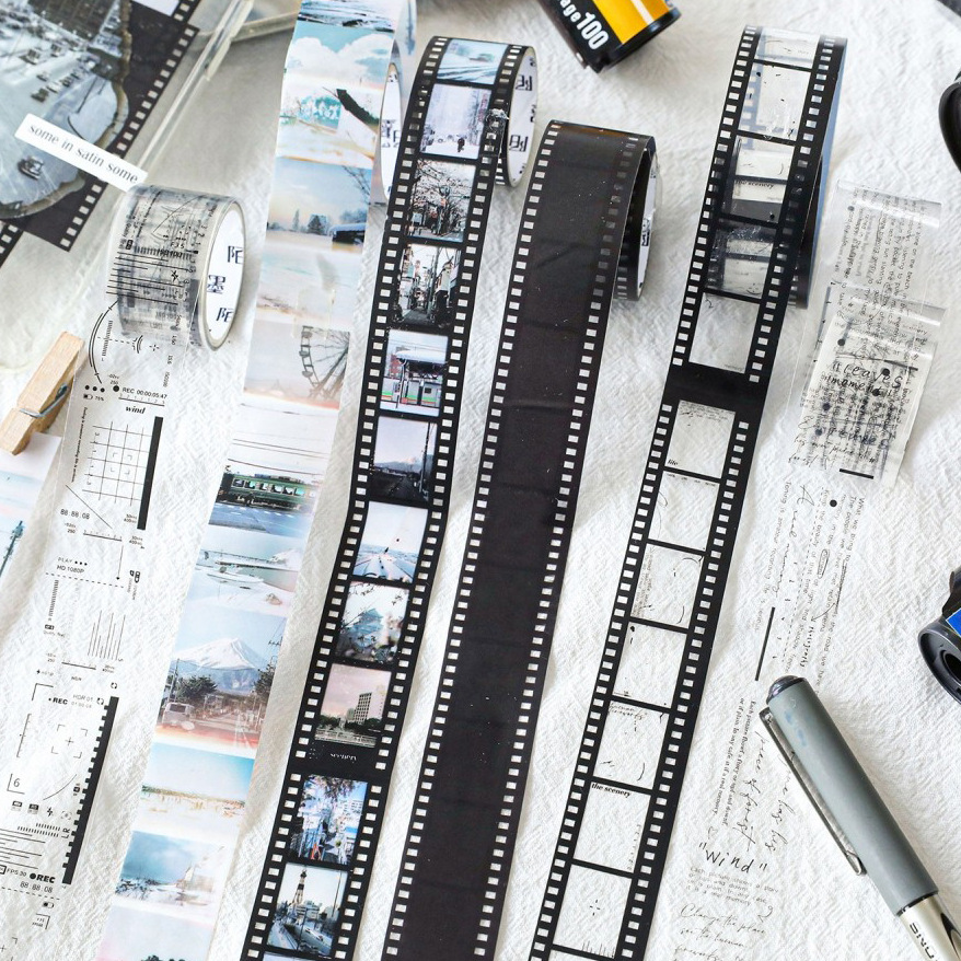 文艺胶片PET手帐胶带复古英文风景边框盐系流麻手帐拼贴装饰贴纸