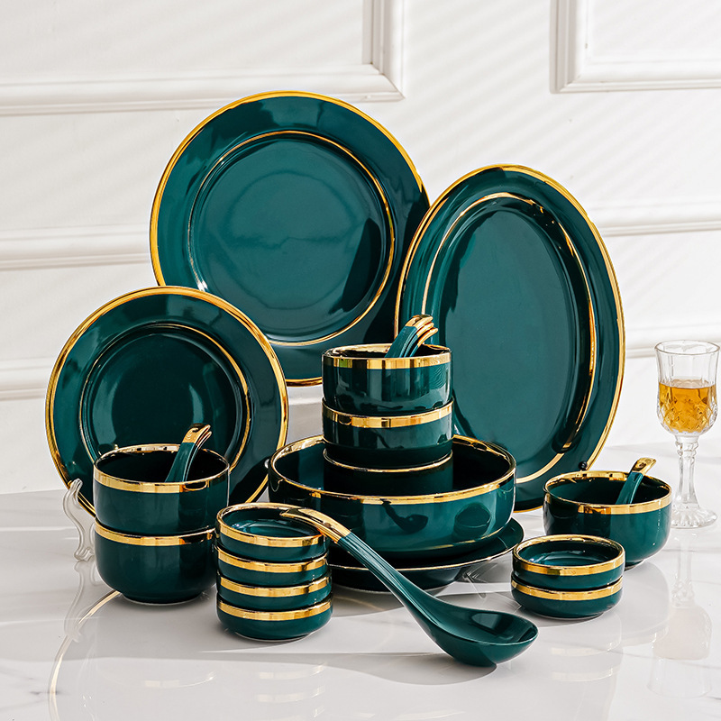 Light Luxury Bowl and Dish Set Household Internet Famous Phnom Penh Emerald Ceramic Plate and Bowl Combination Modern Housewarming Dinnerware Set Light Luxury Bowl and Dish Set Household Internet Famous Phnom Penh Emerald Ceramic Plate and Bowl Combination Modern Housewarming Dinnerware Set