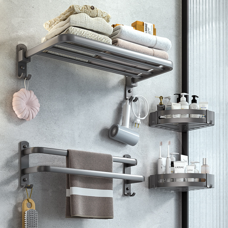 Ash gun toallas de baño sin perforación estante de almacenamiento de baño espacio de aluminio plegable toallas de baño hardware colgante
